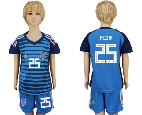 Spain #25 Reina Blue Goalkeeper Kid Soccer Country Jersey - Click Image to Close